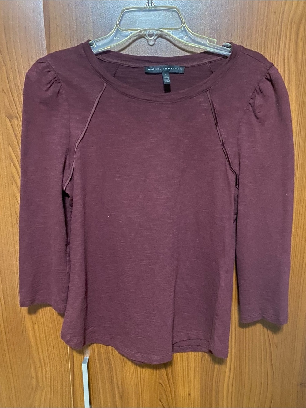 White House Black Market Plum Burgundy Soft Casual Puff-Shoulder Long Sleeve Top